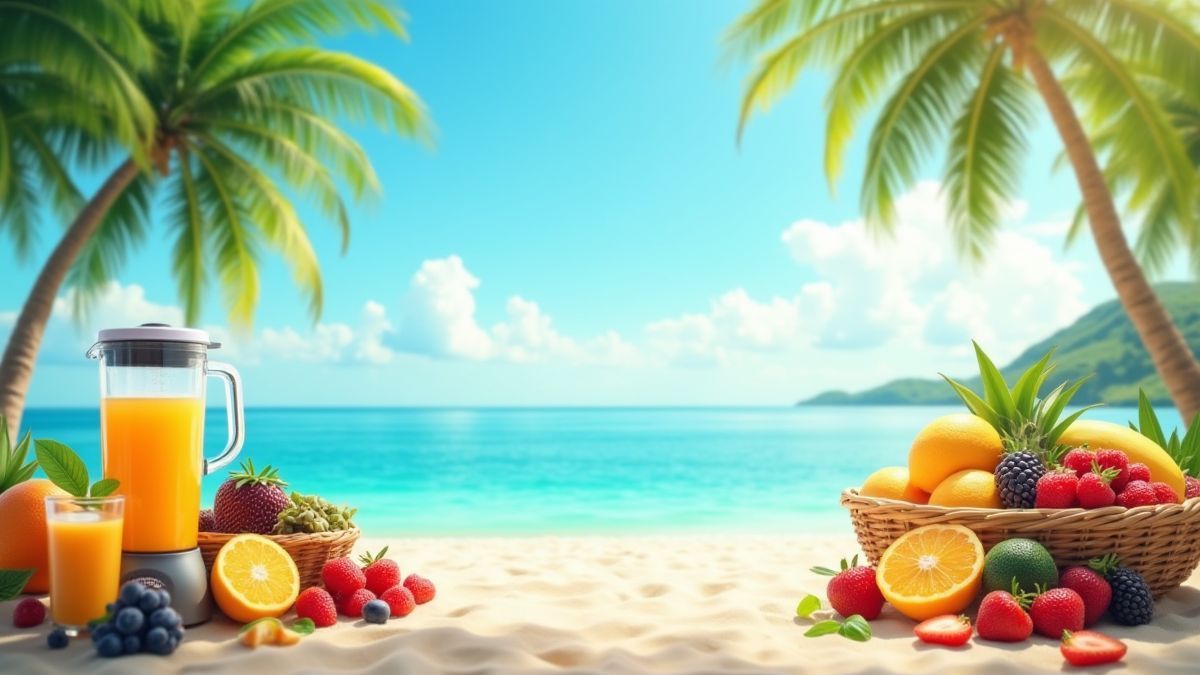Playa tropical con frutas y una batidora