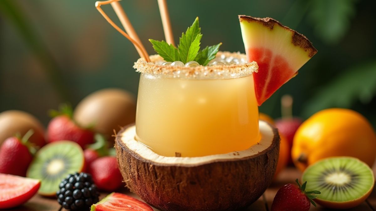 Cóctel tropical en coco con frutas frescas