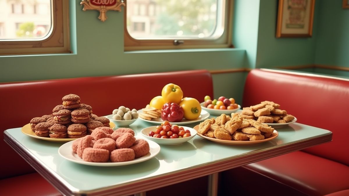 Retro diner booth met zoetigheden en fruit op de tafel