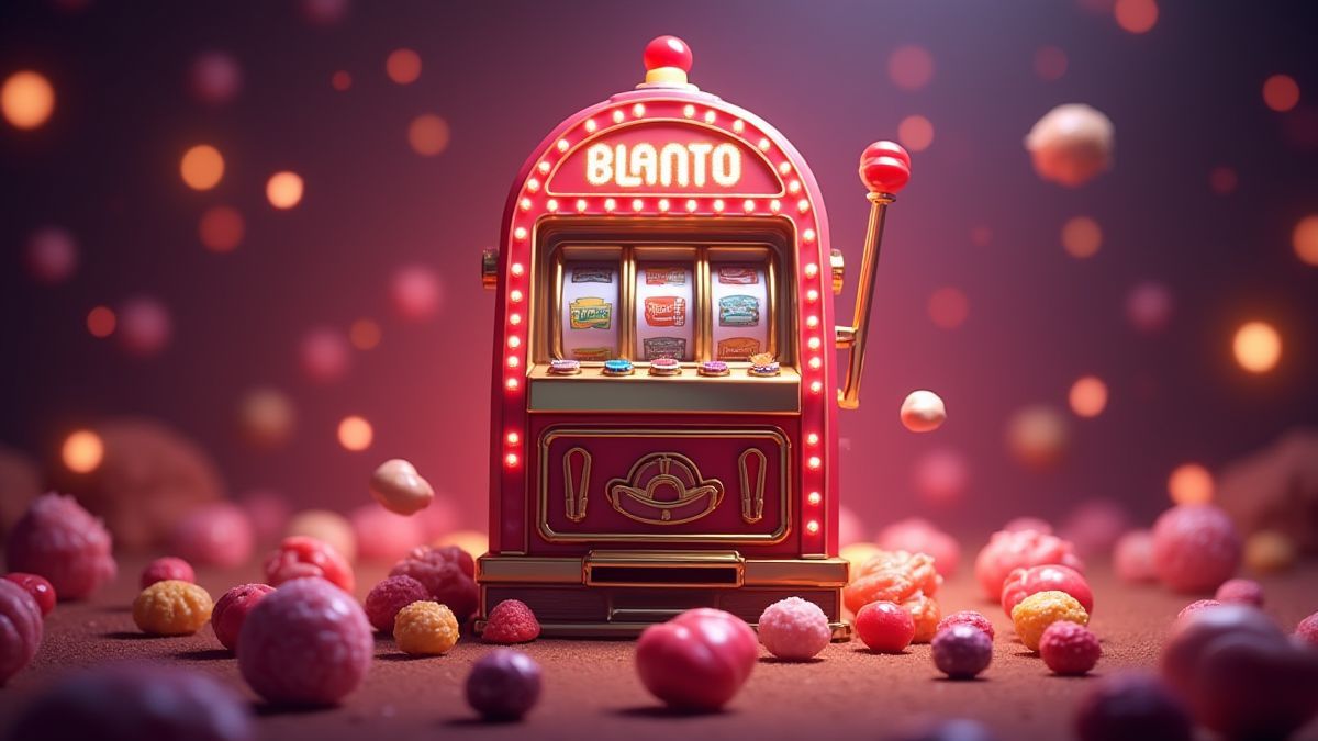 Geanimeerde retro fruitautomaat omringd door zoetigheden en gloeiende lichten