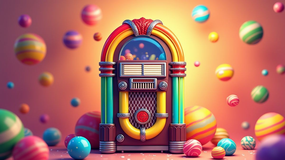 Retro jukebox omringd door zoetigheden en snoep in geanimeerde stijl