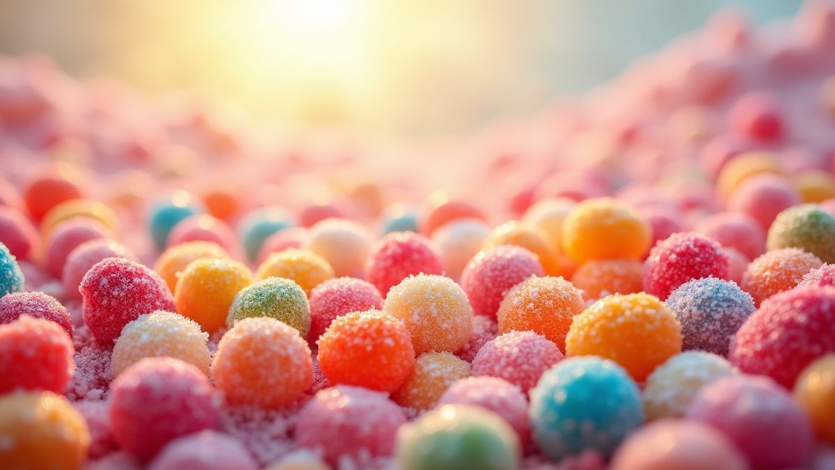 Tablero lleno de dulces y frutas bajo un cielo brillante.
