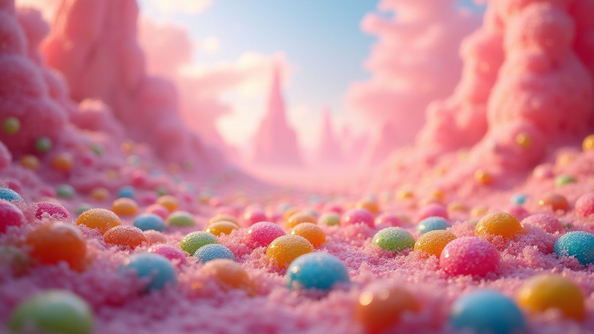 A world filled with colorful candies in a magical setting.
