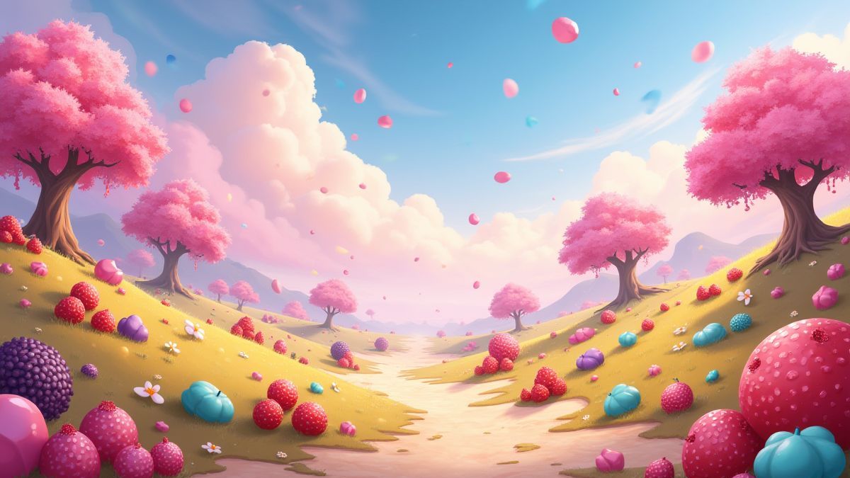 Un paisaje animado lleno de frutas y caramelos vibrantes.