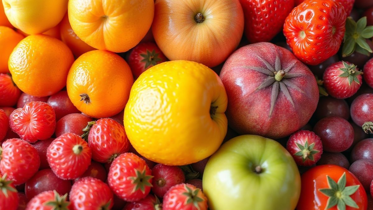 Una colección brillante de frutas y caramelos en un entorno colorido.