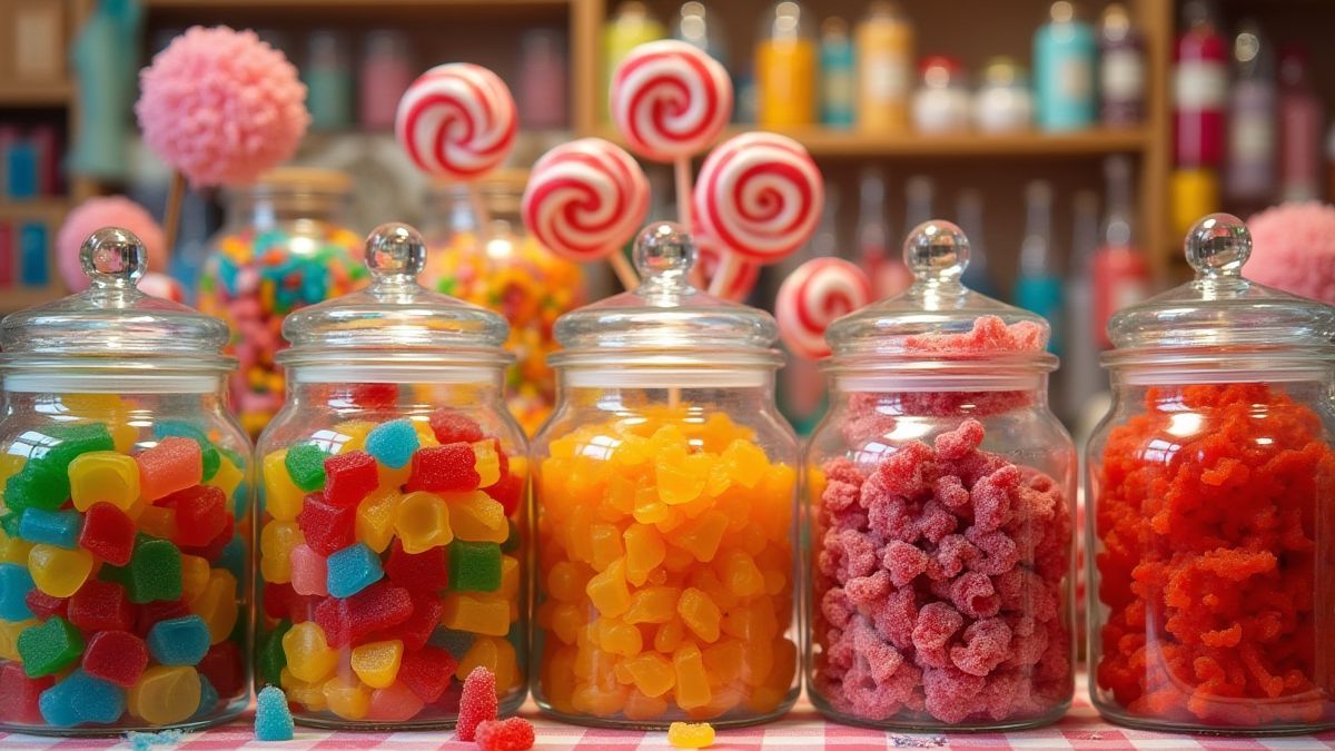 Ein bunter Süßigkeitenladen voller Farben und Süßigkeiten.