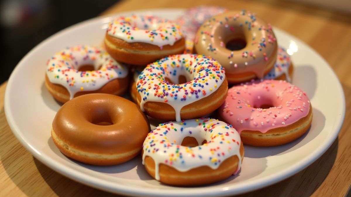 Um prato de donuts decorados com cobertura e granulado colorido.