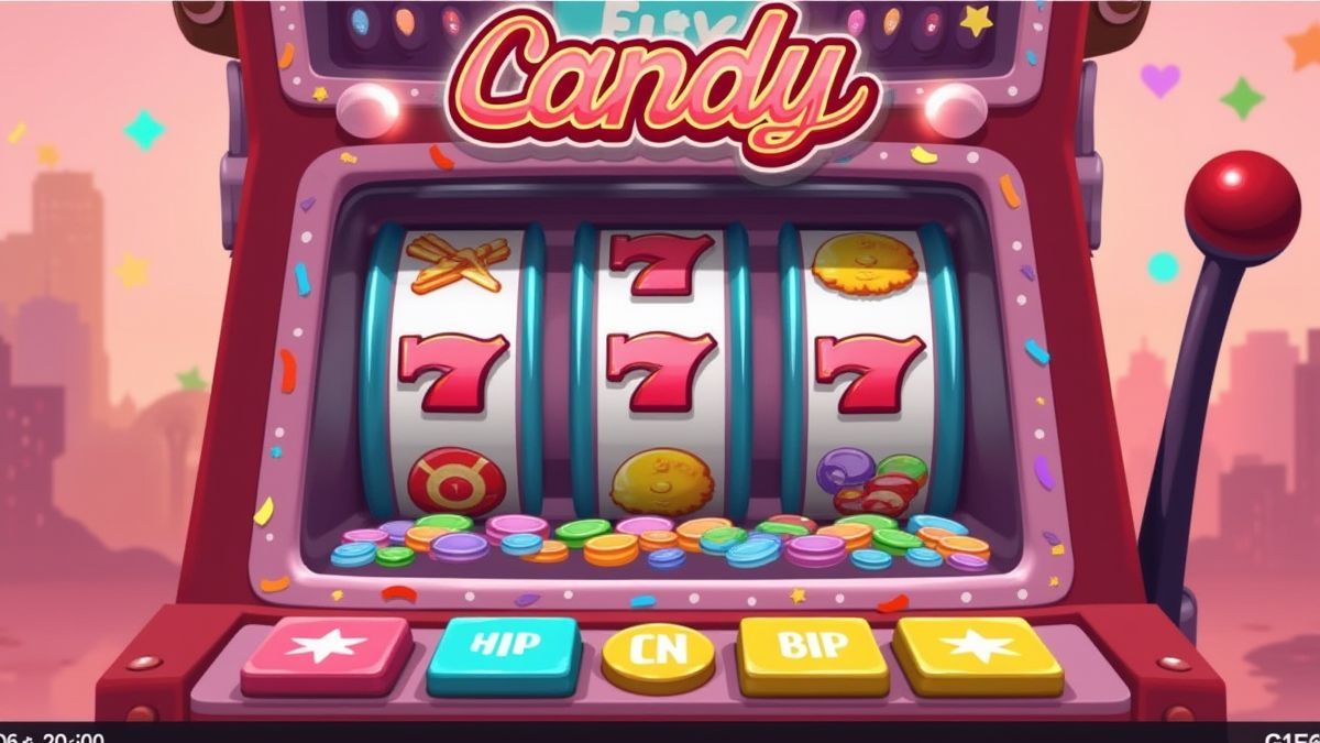 Candy-themed slot machine interface.