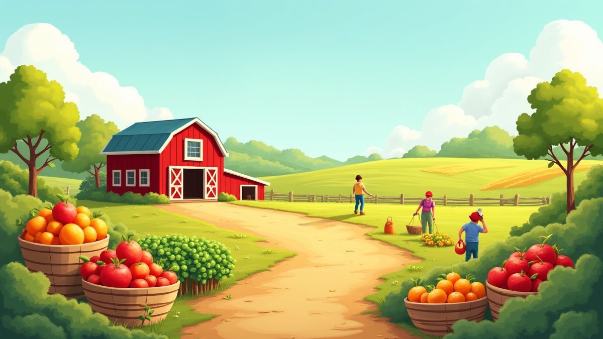 Granjeros recogiendo frutas en una granja soleada.