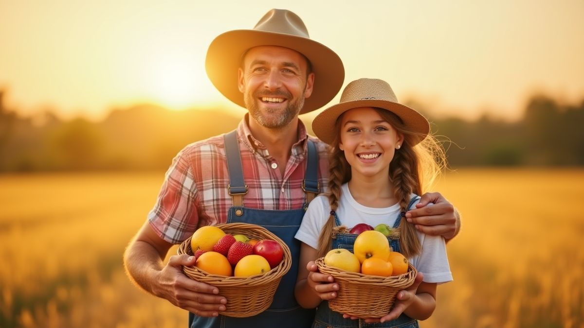 Granjeros felices con cestas de frutas en un campo dorado.