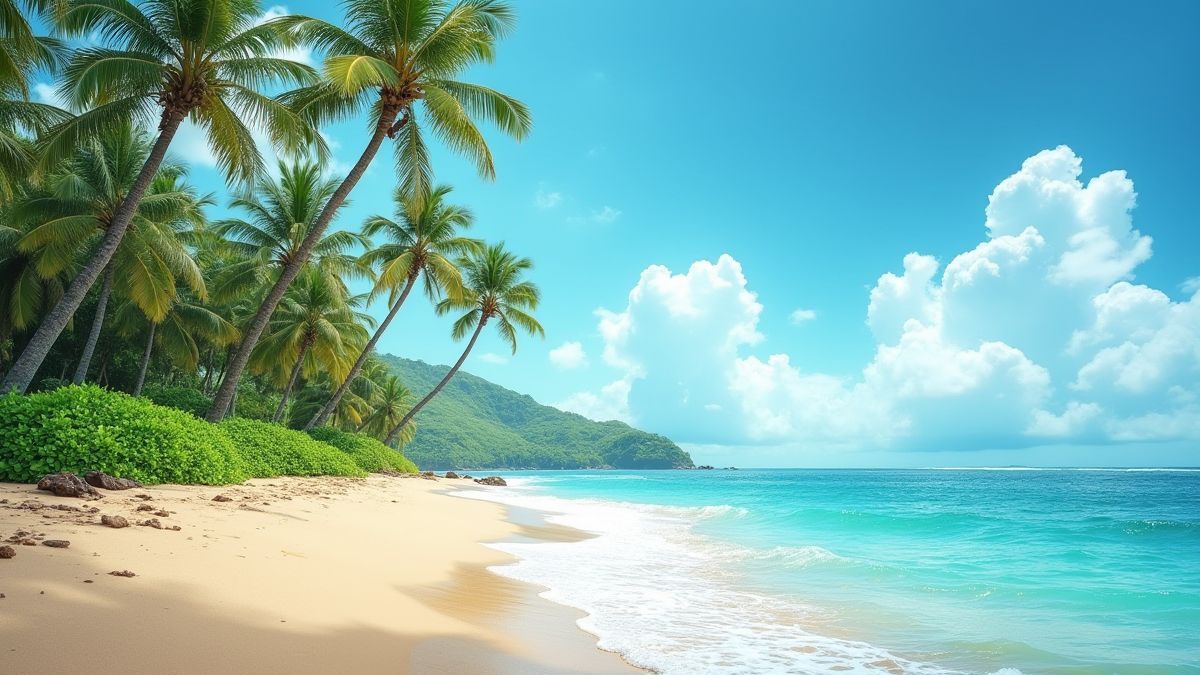 Hawaïaanse strand met palmbomen en golven.