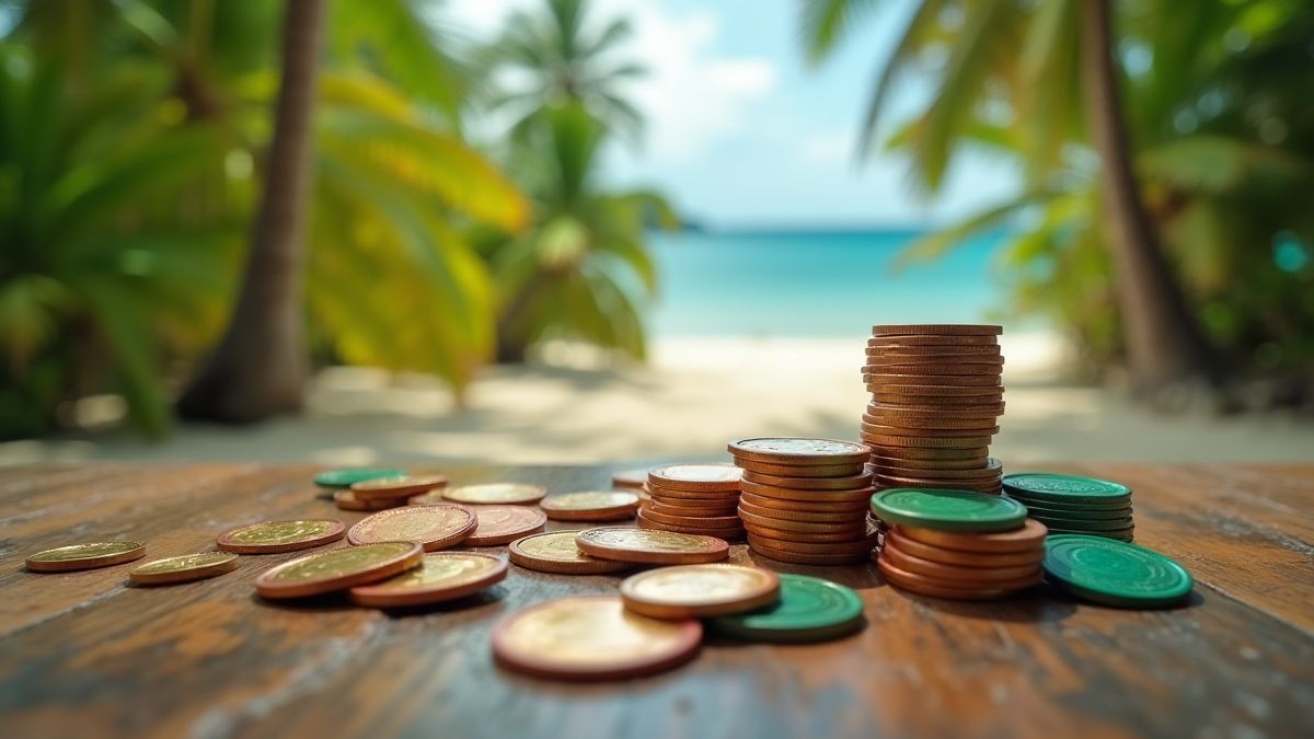 Munten en inzetfiches verspreid op een tropische tafel.