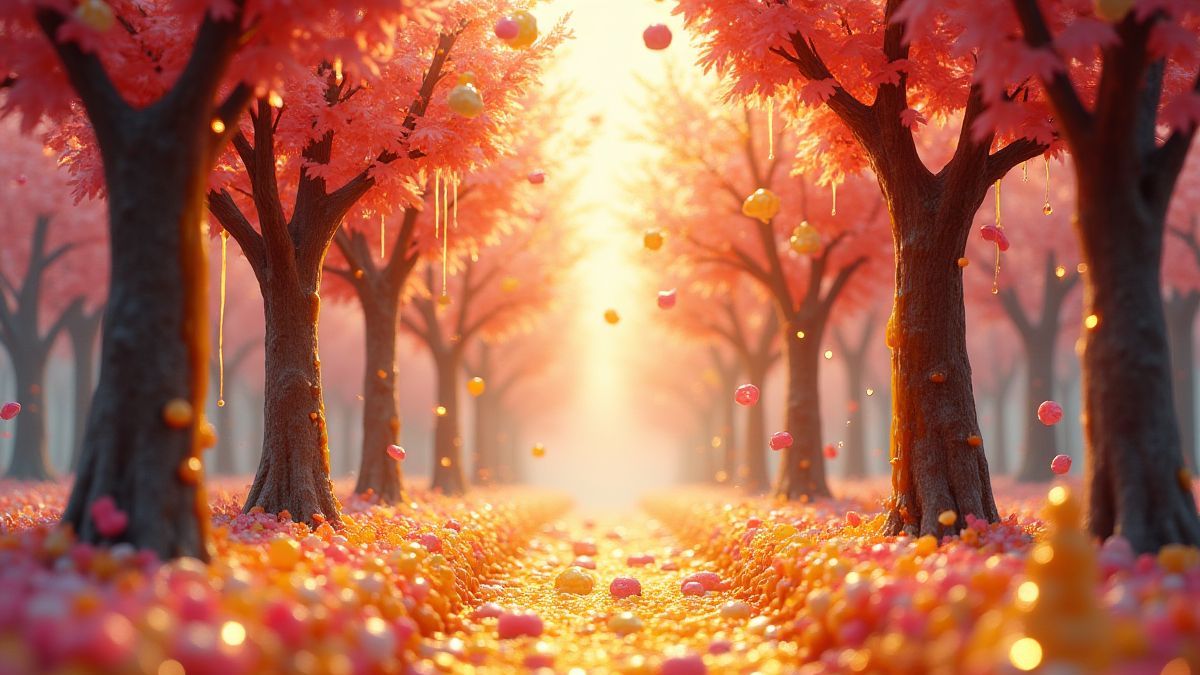 Een snoepjesbos met honing die van de bomen valt.