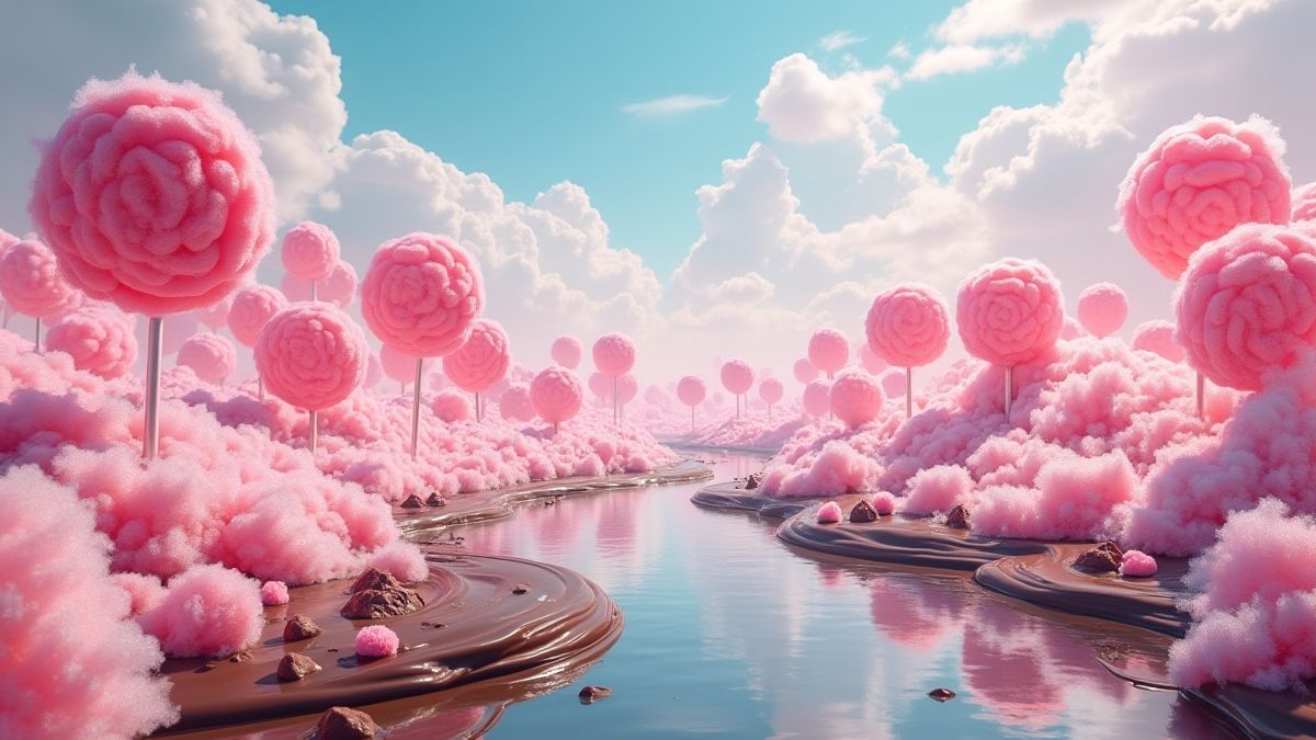 Landschap vol snoep met chocoladerivieren en suikerspinkle sky.