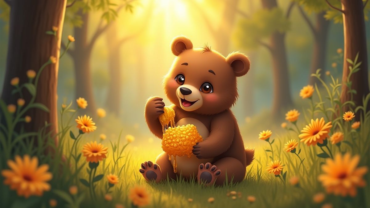 Un oso recolectando panales en un bosque lleno de flores.