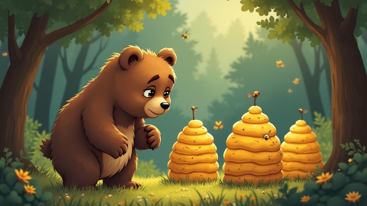 Un oso eligiendo nerviosamente entre varias colmenas en un bosque.