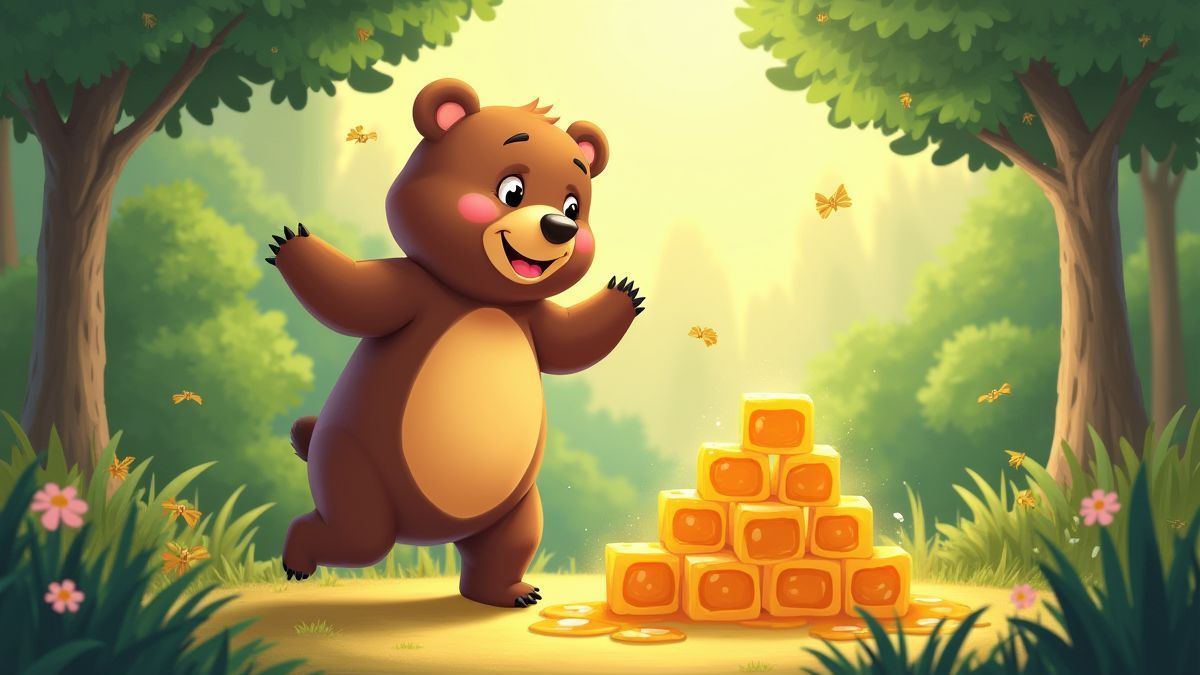 Un oso alegre bailando alrededor de un montón de panales en un bosque frondoso.