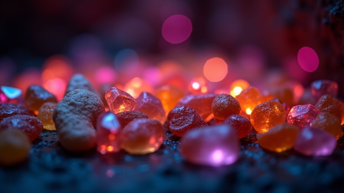 Funkelnde Edelsteine und Bonbons im sanften Licht einer Höhle