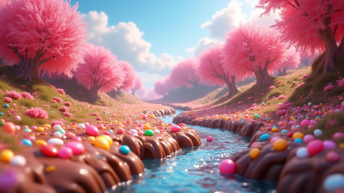 Paisagem animada cheia de doces como gominolas e rios de chocolate.