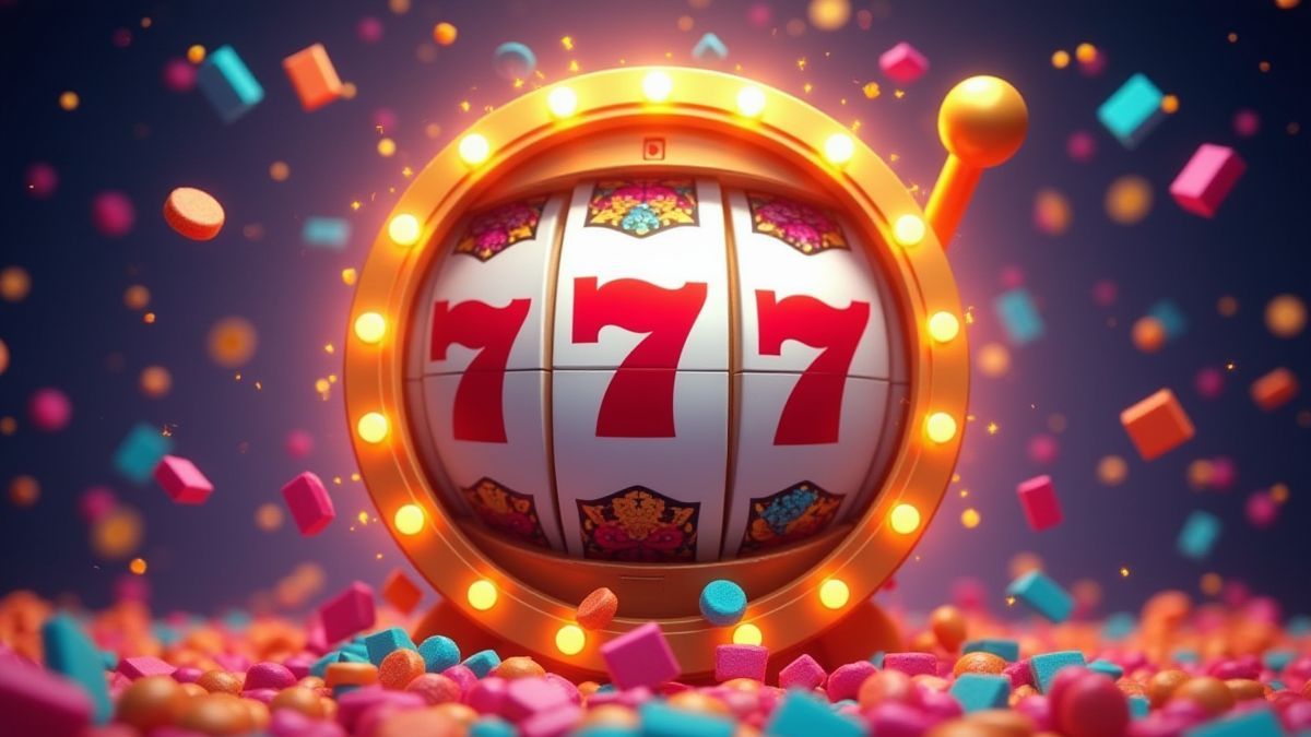 Carrete de slot girando com confete e explosões de doces.