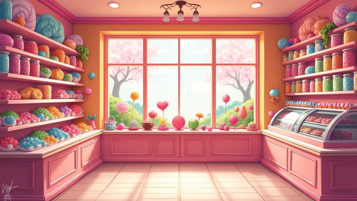 Interior de una tienda de caramelos con estantes llenos de dulces coloridos.