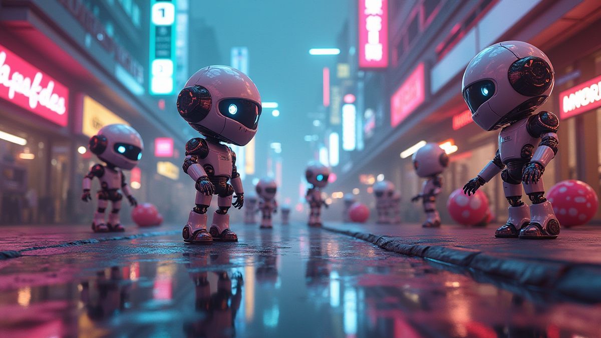 Robots en una ciudad futurista con luces de neón y objetos dulces.