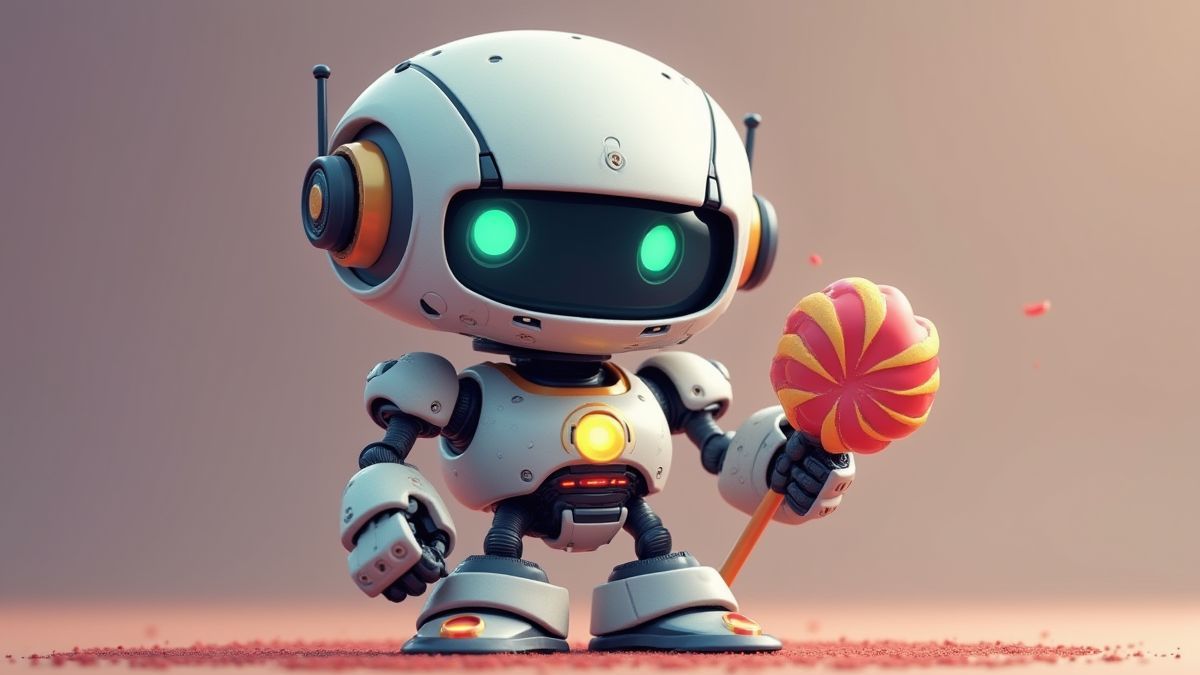 Robot futurista sosteniendo un caramelo.