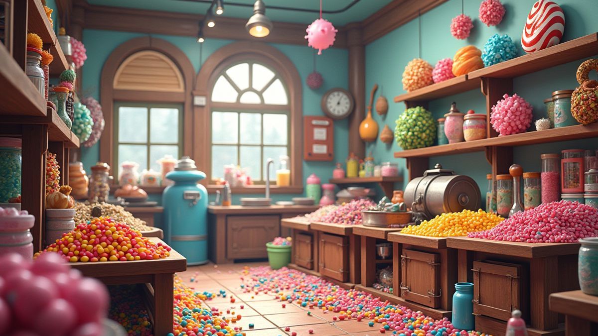 Escena de una fábrica de caramelos colorida y animada.