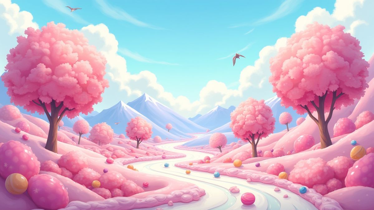 Snoepscenario met lollybomen en geglazuurde bergen.