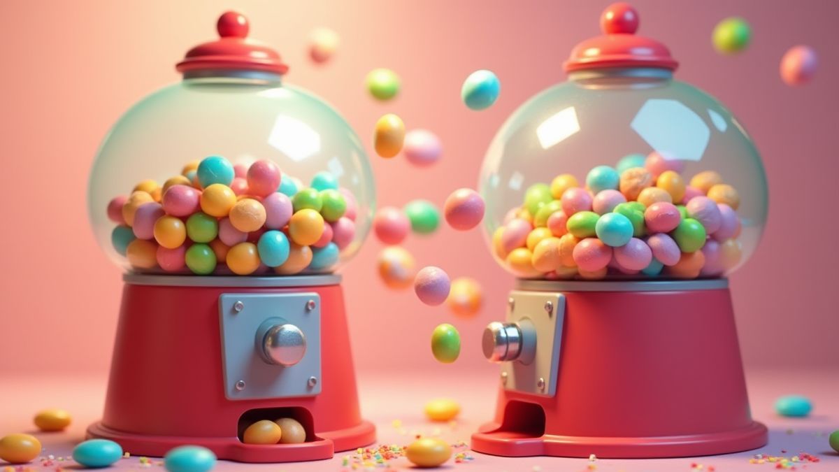 Snoepdispenser die kleurrijke snoepjes vrijgeeft.