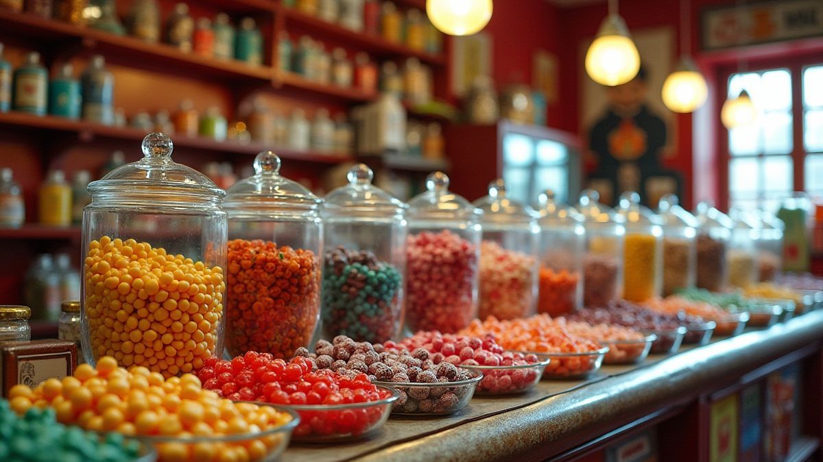 Retro candy shop with jars full of colorful candies.