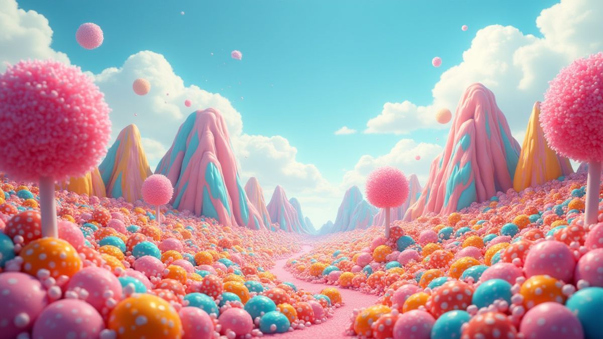 A candy world with lollipop forests and gumdrop mountains.