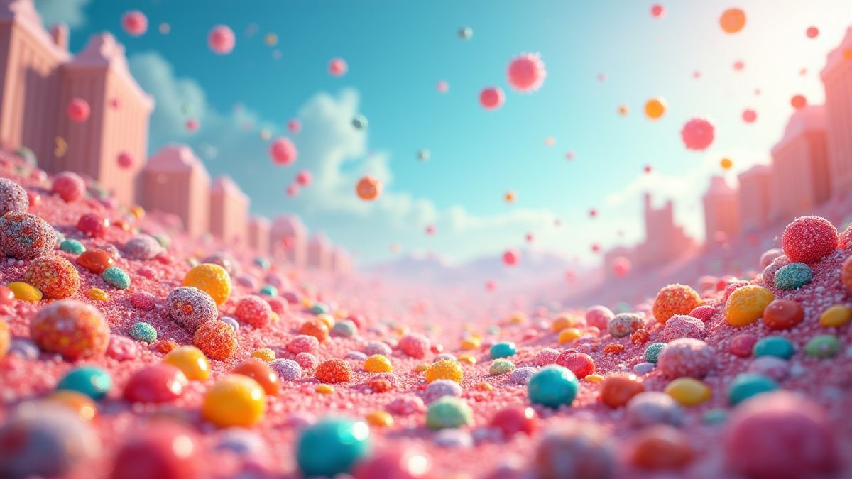 Süßigkeitenlandschaft mit bunten Gummibärchen und funkelnden Süßigkeiten.