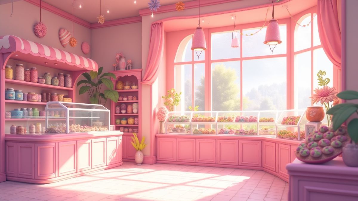 An animated candy store with bright colors.