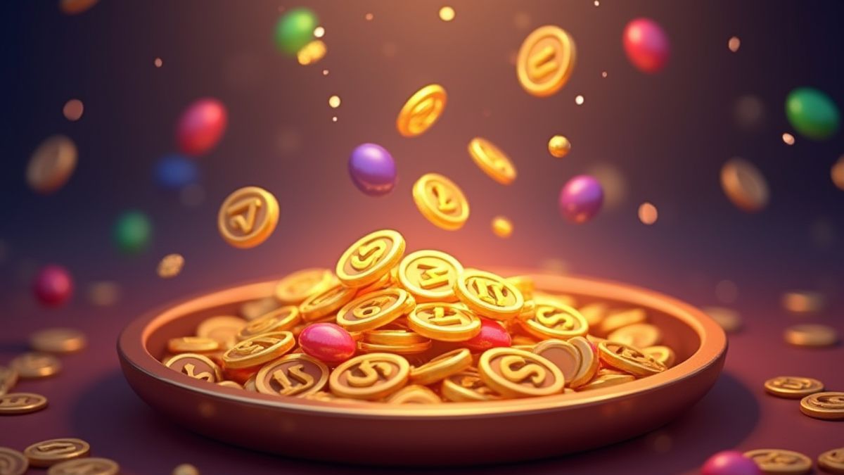 Animated coins and candy falling into a prize tray.