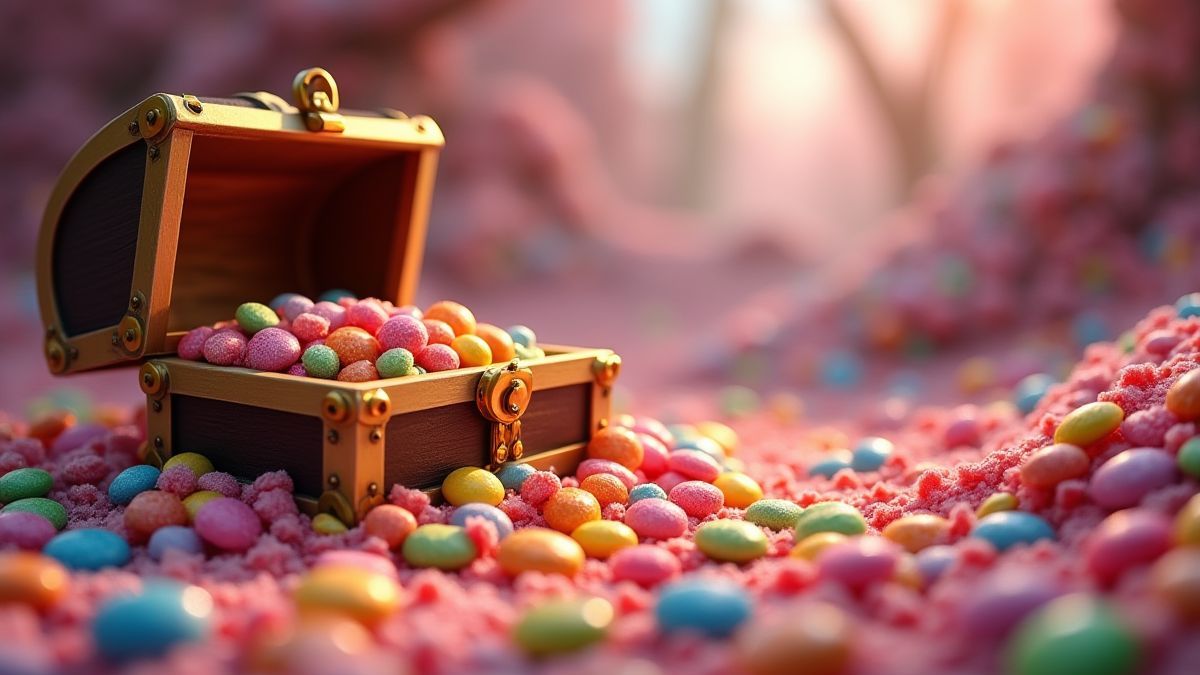 Un cofre lleno de caramelos coloridos en un mundo temático de dulces.