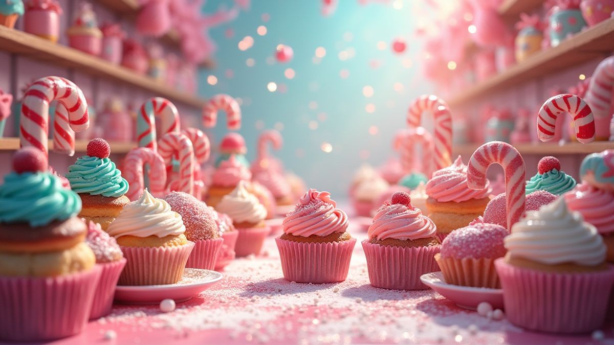Una pastelería mágica llena de cupcakes y golosinas coloridas.