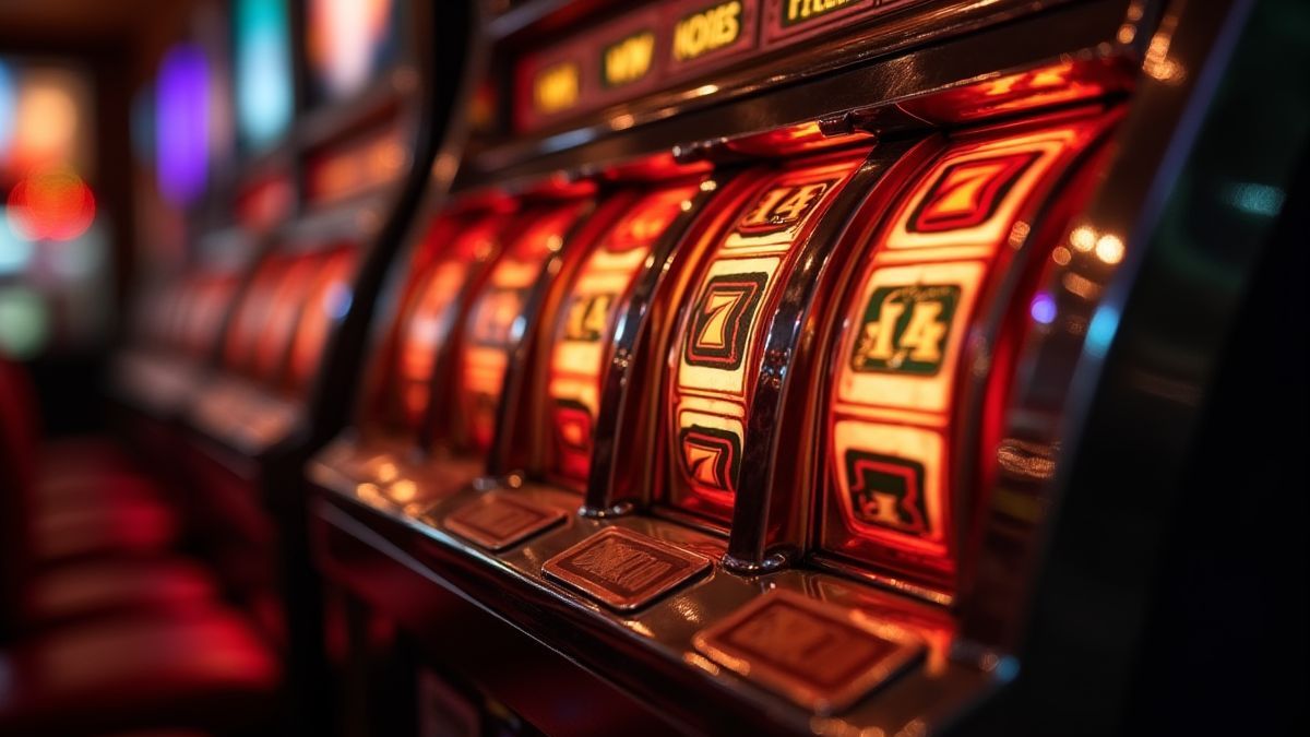 A classic slot machine with a vintage design and glowing lights.