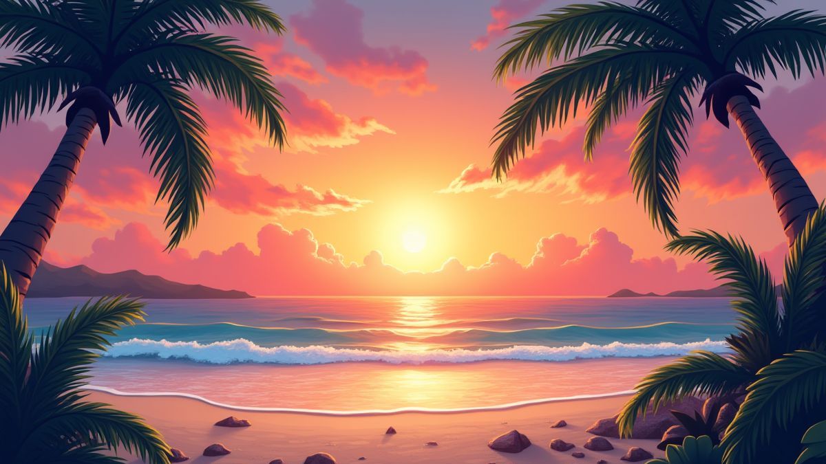A tropical beach with palm trees and a sunset in animated style.