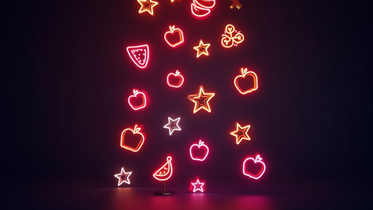 Símbolos de frutas brillando en un fondo oscuro.