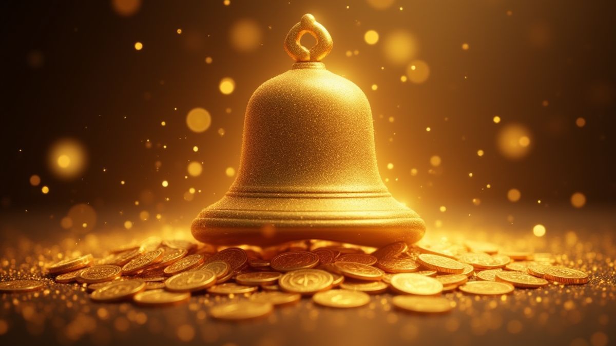 Campana dorada rodeada de monedas brillantes.