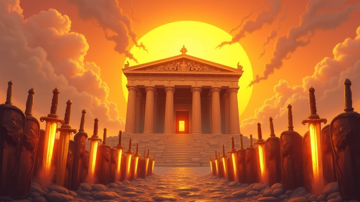 Templo grego com escudos e espadas sob um céu ao entardecer.