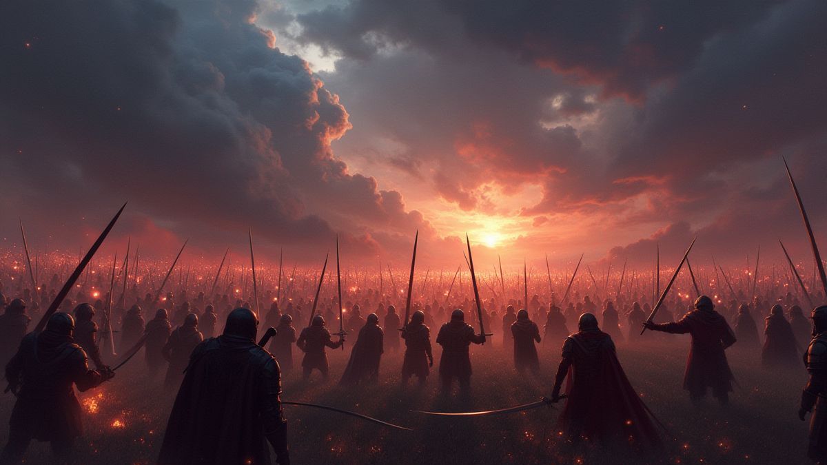 Campo de batalha com espadas brilhantes e guerreiros lutando sob um céu tempestuoso.