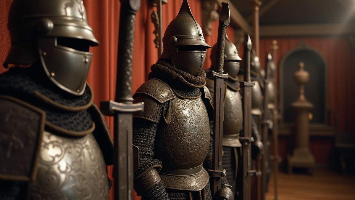 Nahaufnahme von antiker mongolischer Rüstung und Schwertern, die in einem historischen Umfeld präsentiert werden.