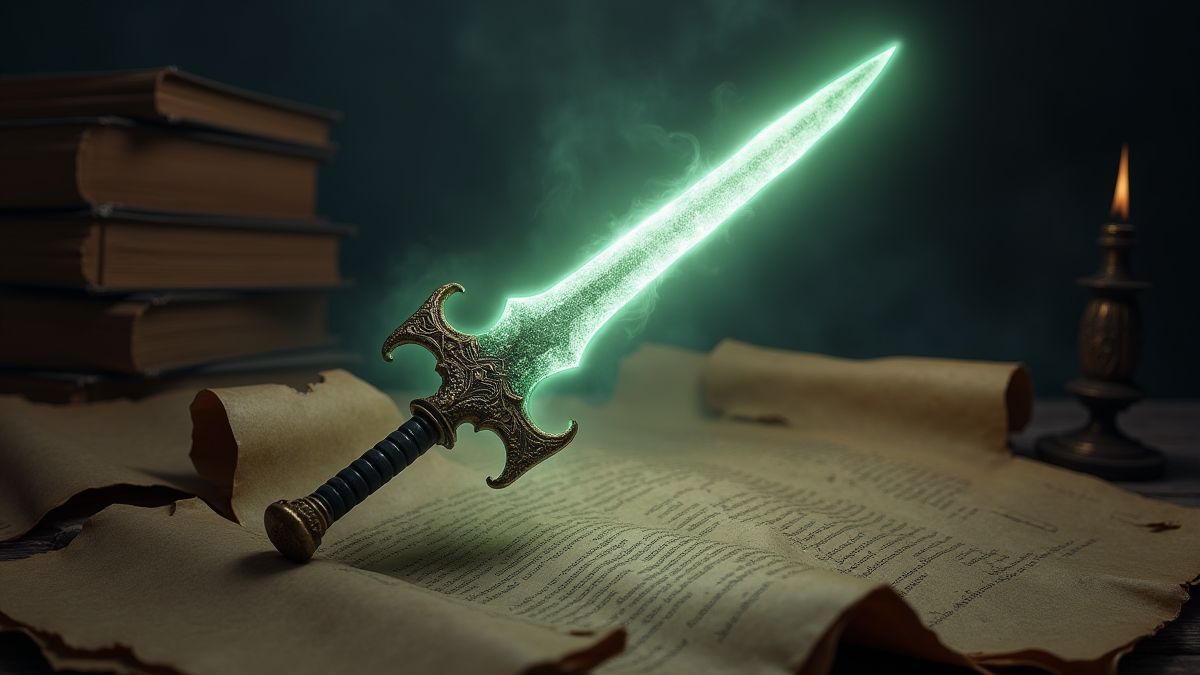Leuchtendes mystisches Schwert, das in der Luft schwebt, umgeben von alten Schriftrollen.
