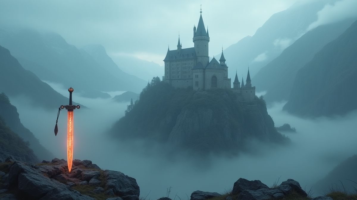 Ein mittelalterliches Schloss umgeben von Nebel und Bergen mit einem magischen Schwert.
