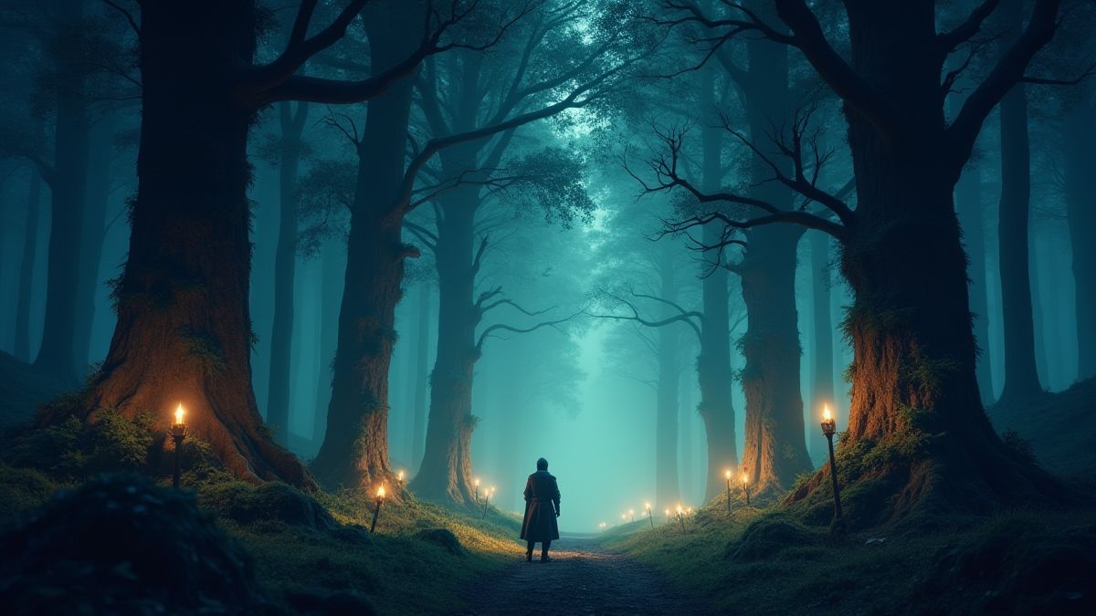 Ein mystischer Wald, beleuchtet von magischen Lichtern, mit einem Ritter, der bereit für das Abenteuer ist.