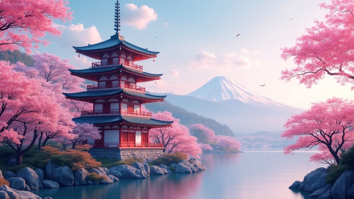 A Japanese pagoda surrounded by cherry blossoms in a serene landscape.
