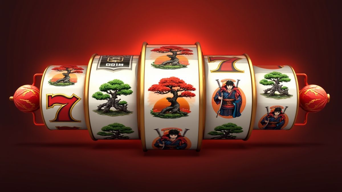 Spinning reels with Japanese symbols like bonsais and samurais.