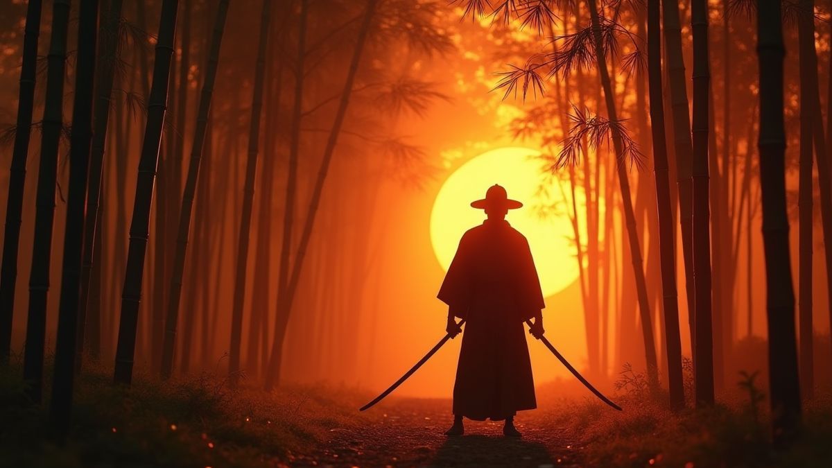 A samurai holding a sword in a bamboo forest at sunset.